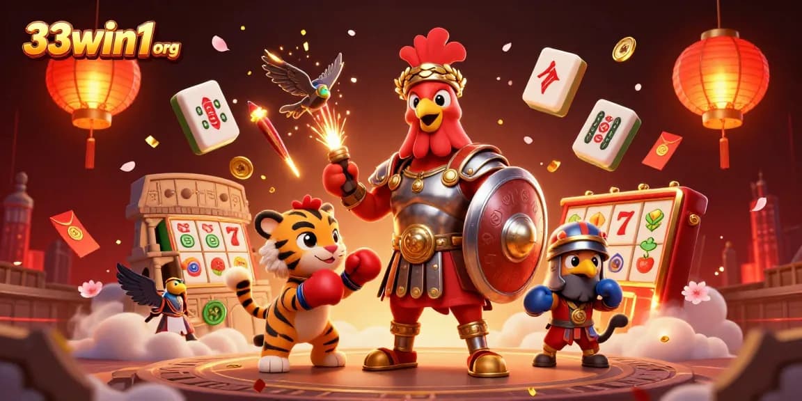 Engage with 33win1 org's exciting casino scene featuring a gladiator rooster and dynamic gaming elements.
