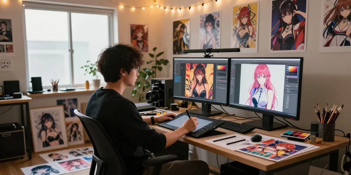 Creating unique ai hentai artwork in a vibrant artist's studio