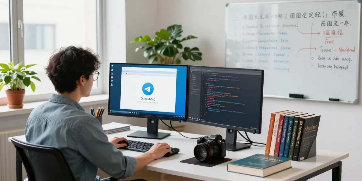 Seated developer using Telegram Chinese in modern workspace.