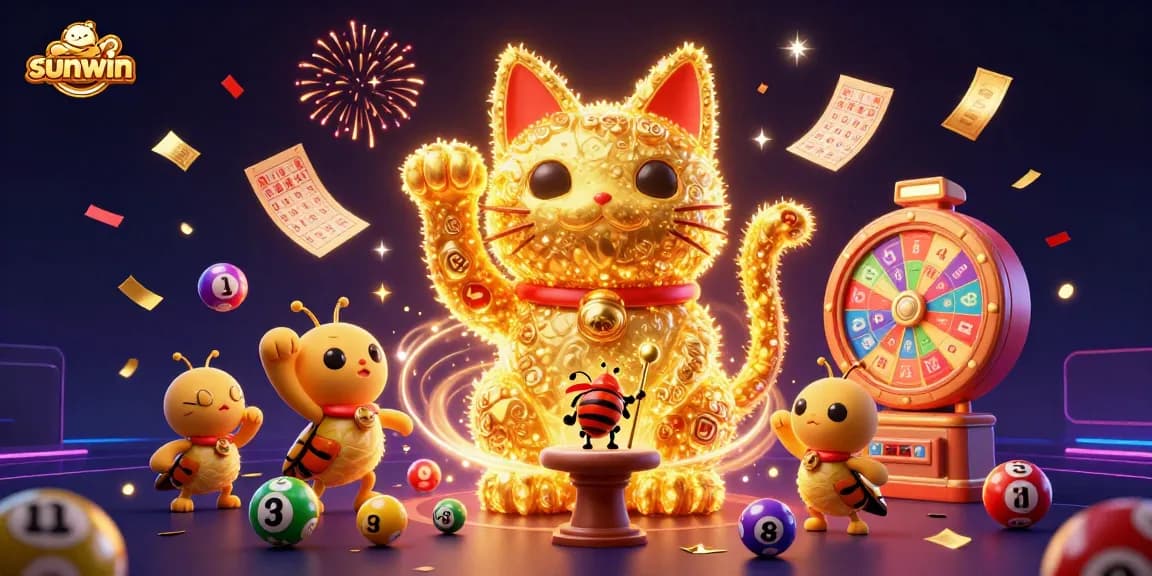 Engage with the sunwin experience through a vibrant illustration of a lucky cat and casino symbols, capturing dynamic gambling action.