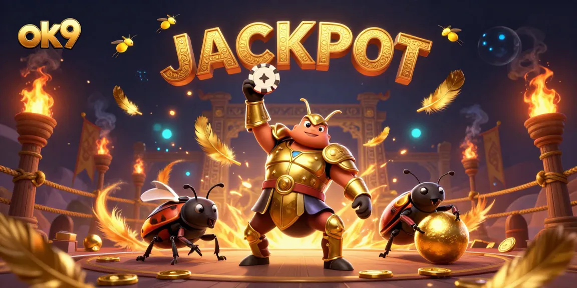 Experience thrilling excitement at ok9 as the victorious beetle hoists a poker chip amidst glowing jackpots.