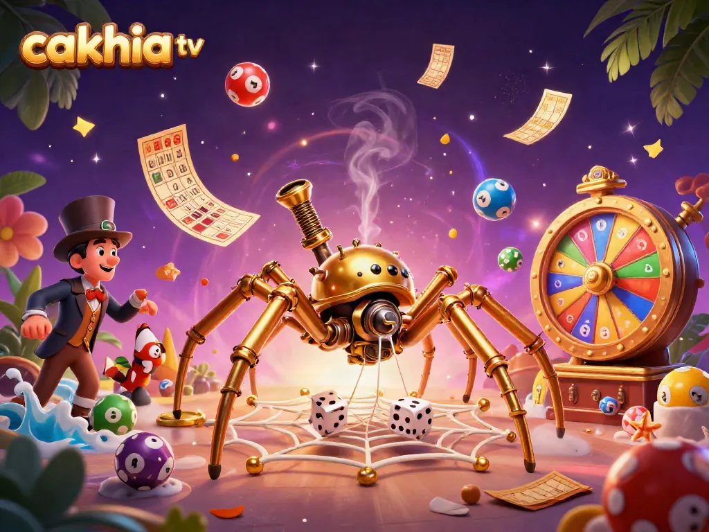 Cakhia TV showcases a dynamic gambling scene with a steampunk spider and colorful lottery elements.