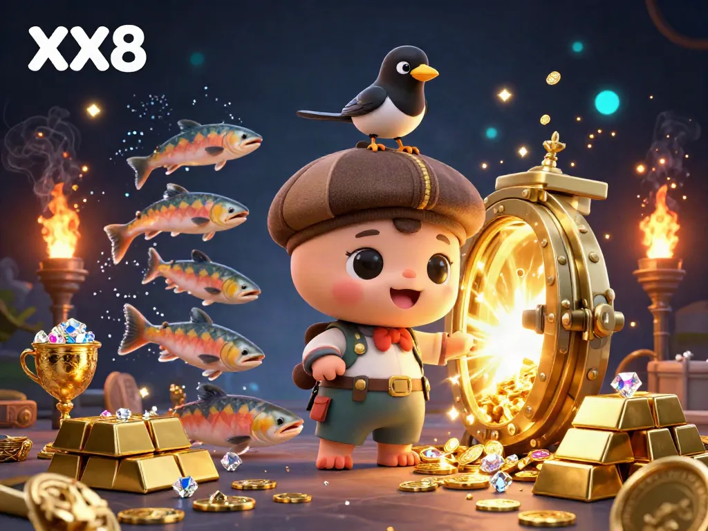 Engage with the vibrant XX8 experience as baby Nessie and friends celebrate winnings amidst golden treasures and enchanting lights.