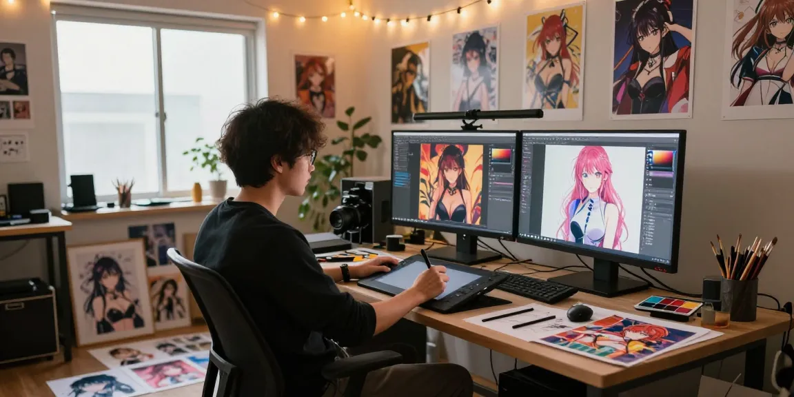 Creating unique ai hentai artwork in a vibrant artist's studio