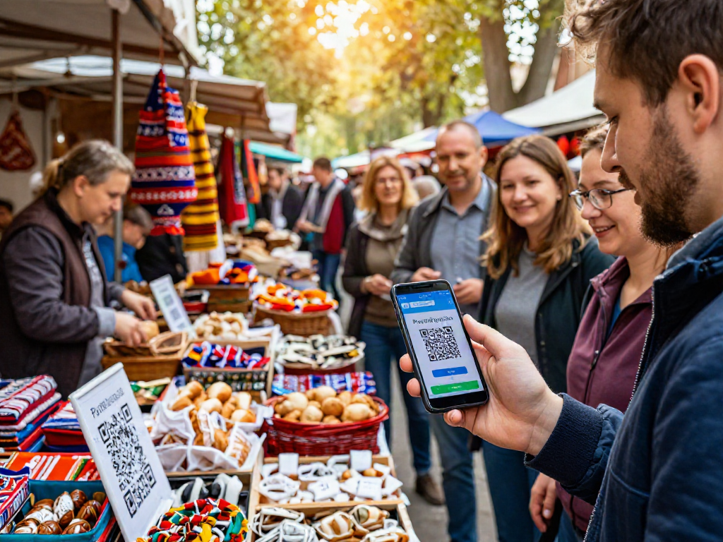 Turista usando https://payinrussia.com/ en un mercado ruso con vendedores locales.