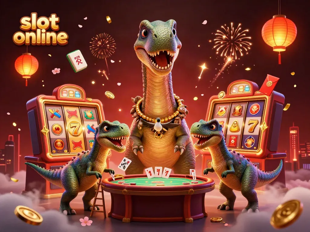 Experience slot online excitement with a giant brontosaurus interacting with dynamic slot elements.