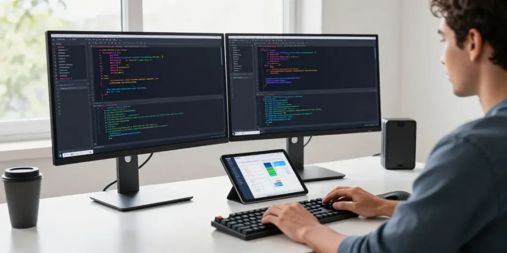 ggsoft login workspace with developer coding at dual monitors, vibrant tech atmosphere