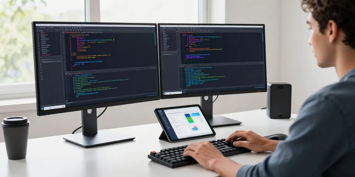 ggsoft login workspace with developer coding at dual monitors, vibrant tech atmosphere