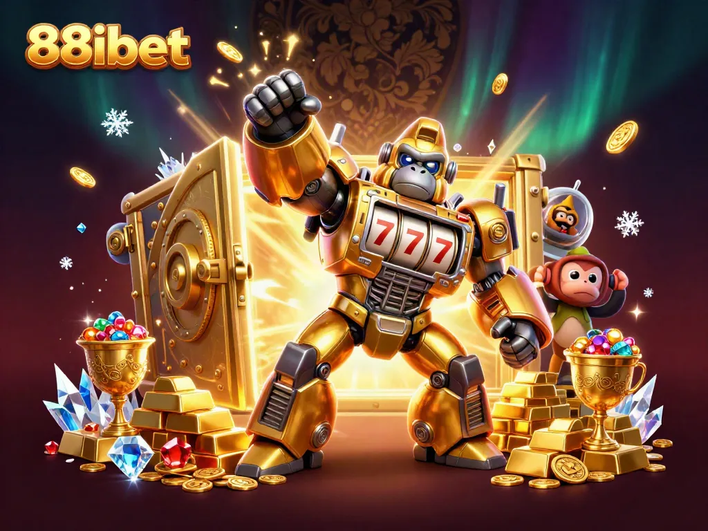 88ibet's dynamic slot machine mech surrounded by treasure, highlighting exciting gaming opportunities.