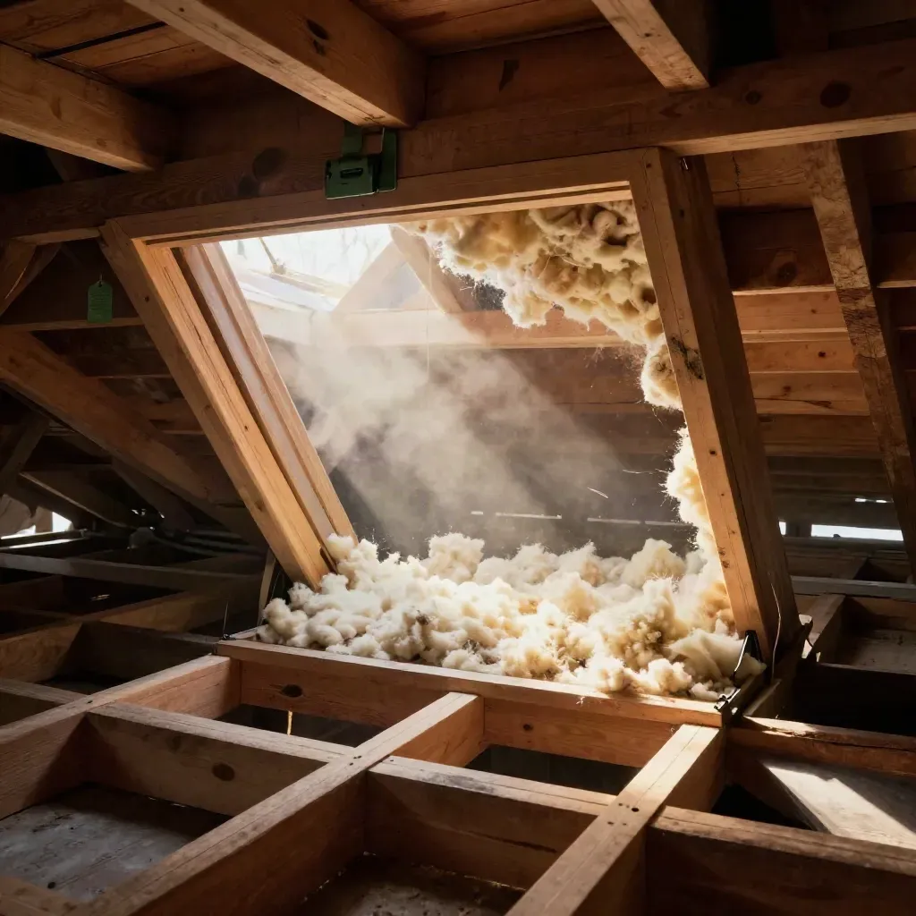 Vind med otät taklucka och värmeläckage mellan bjälkar i ett svenskt hus.