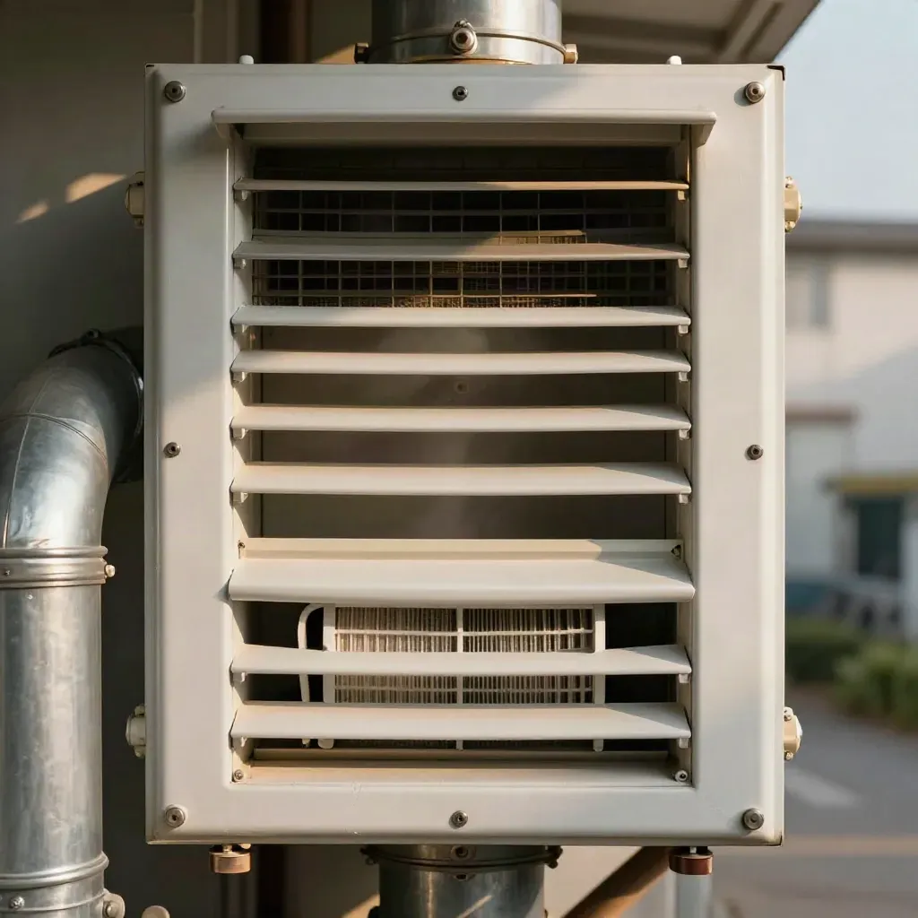Ventilationsnisch med tilluftsventil, frånluftsdon, kanalböj och filterkassett i ljus teknikmiljö.