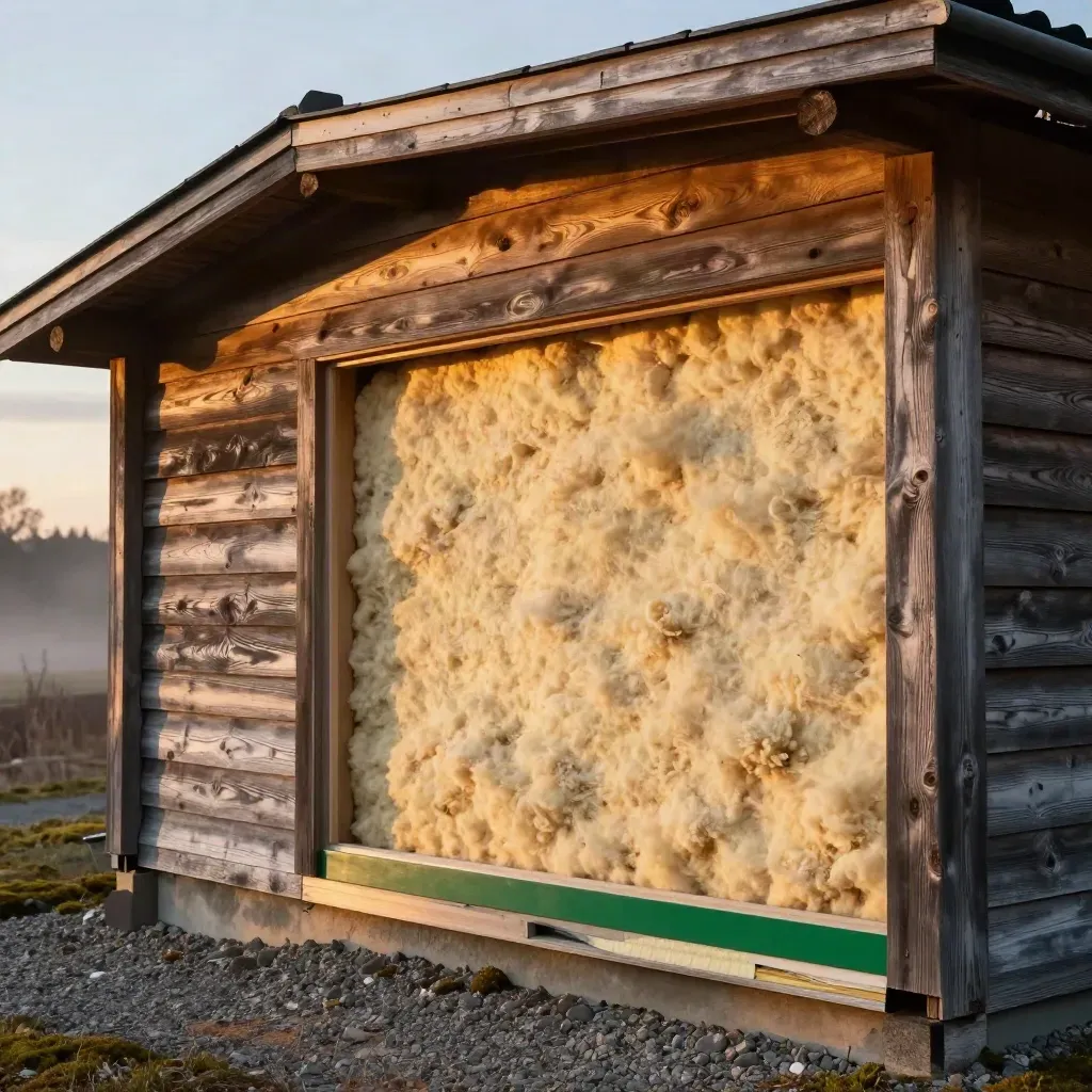 Äldre träfasad med öppet väggsnitt, ny isolering och tätad skarv i kvällsljus.