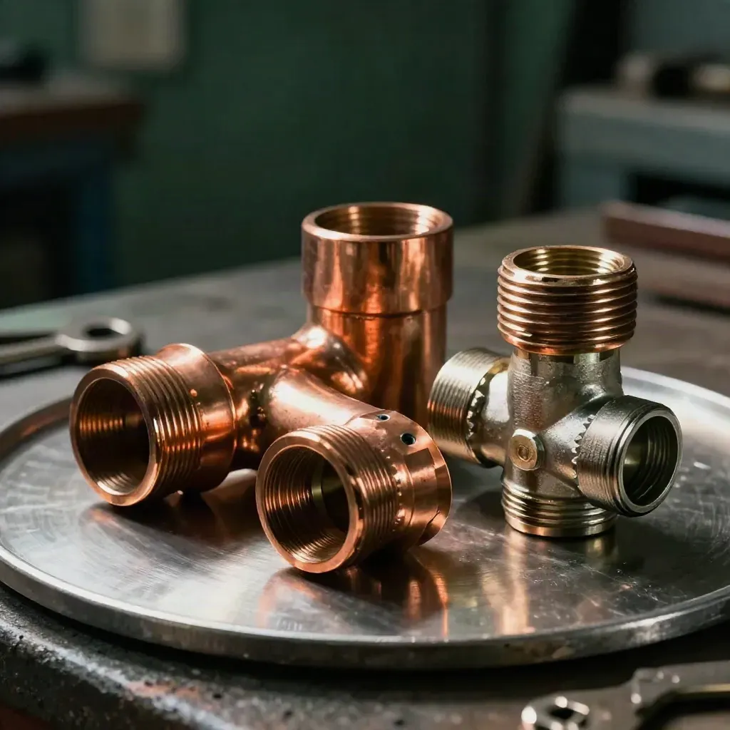 Kopparrörsböjar, pressmuff och ventilkropp på metallplatta i dramatiskt ljus