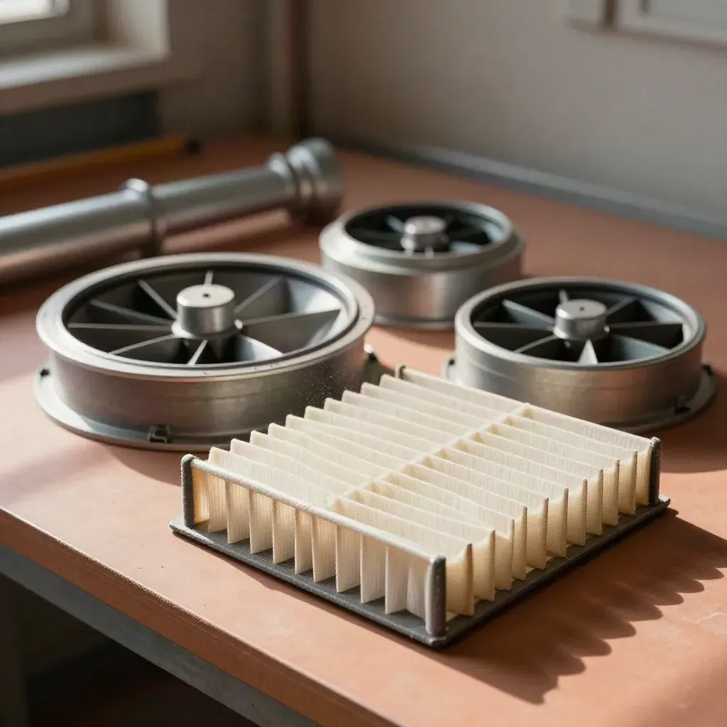 Ventilationsfilter, tilluftsdon och aluminiumkanal på matt plåt i verkstadsljus.