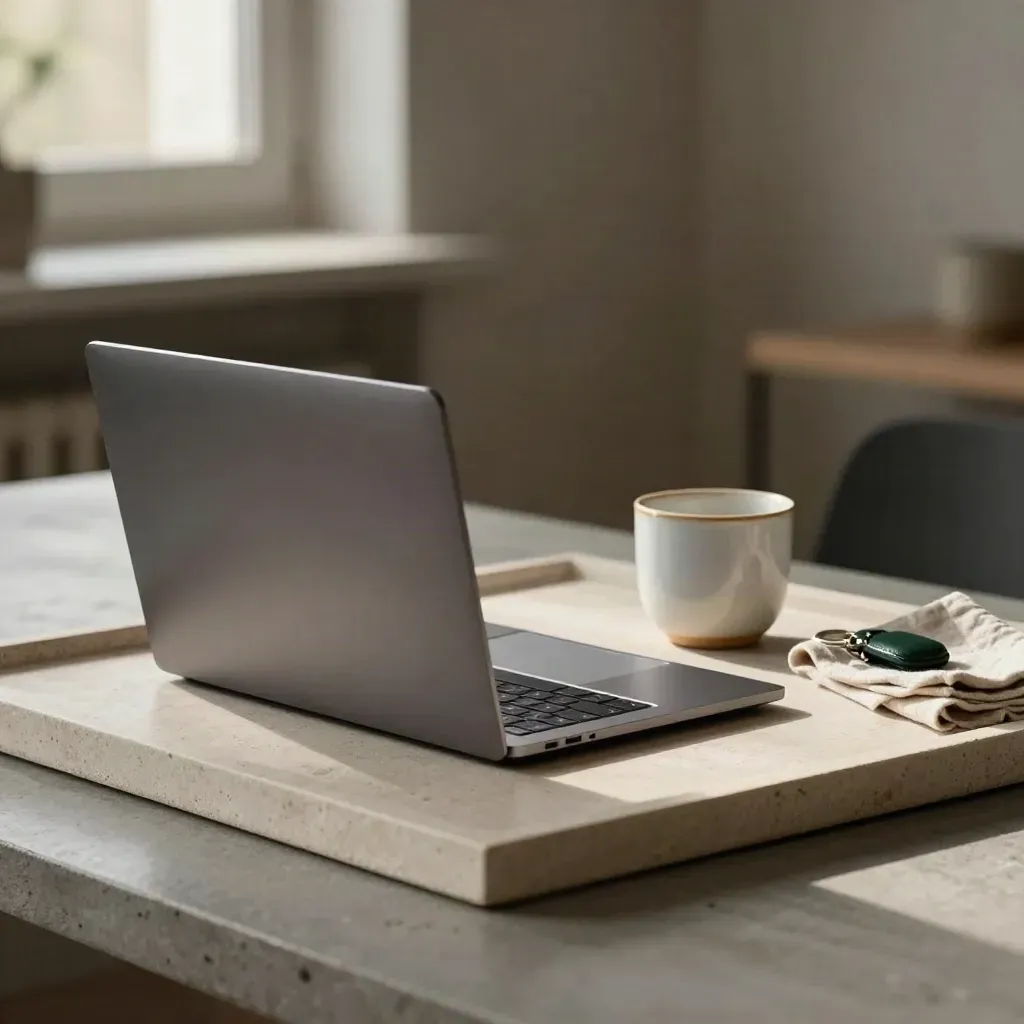 Stängd laptop, kopp och nyckelring på stenbricka i ett lugnt hemmakontor