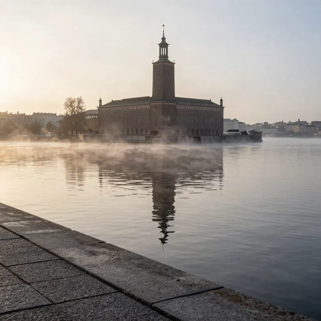 Stockholms stadshus över Mälarens stilla vatten i dimmig kvällsluft.
