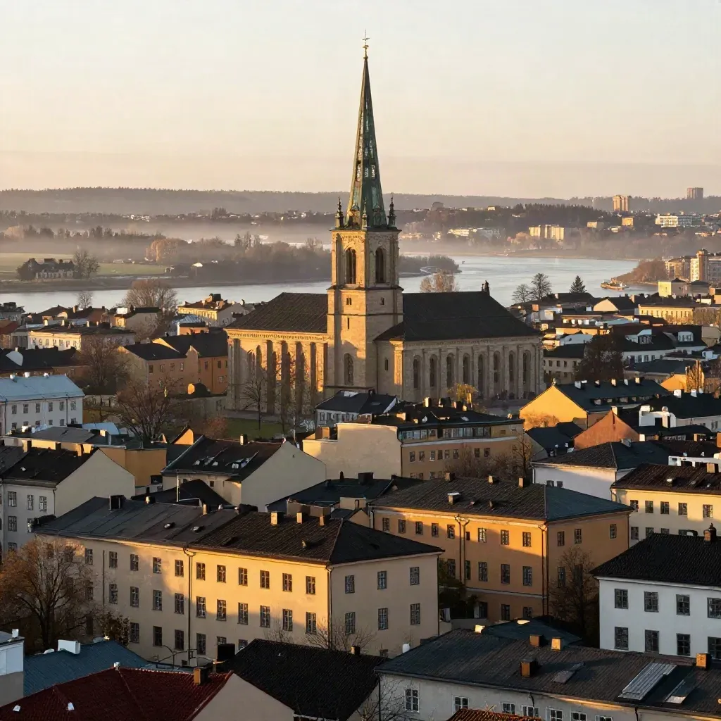 Uppsala domkyrka över takåsar och en dimmig ådal i gyllene morgonljus.