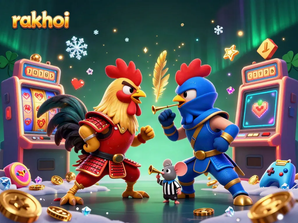 Experience the excitement of rakhoi through a dynamic showdown between samurai and ninja roosters amid colorful slot machines.