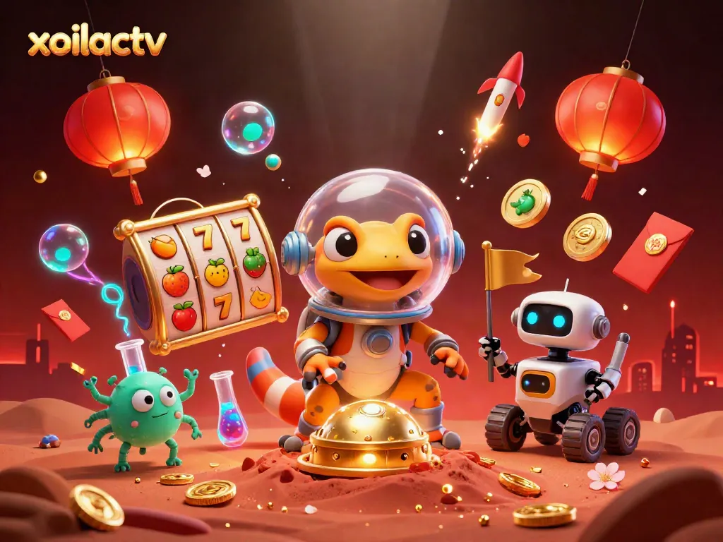 Engage with xoilactv as a Martian gecko uncovers a hidden golden casino in a vibrant alien landscape.