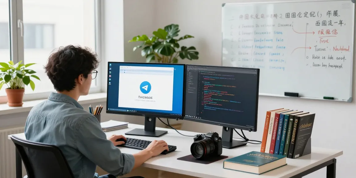 Seated developer using Telegram Chinese in modern workspace.