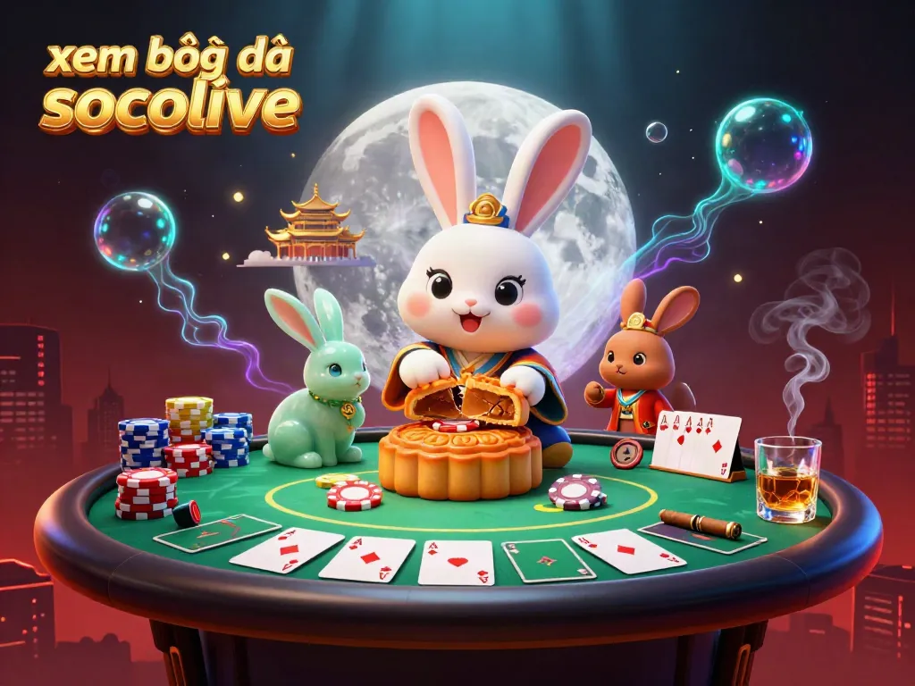 Witness the excitement of xem bóng đá socolive with a rabbit character amidst poker action in a vibrant scene.