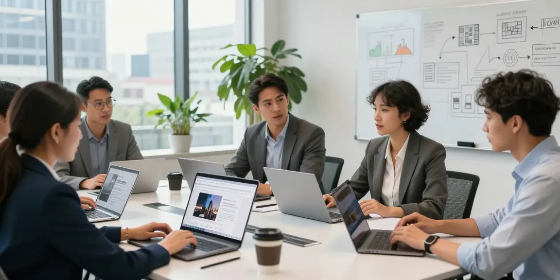 Professionals collaborating in a modern office, showcasing WPS Official Website for project strategies.